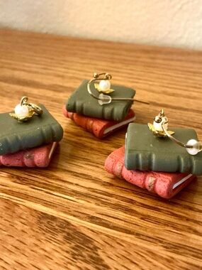 Handmade Clay Book Stack Earrings in Olive Green and Rose